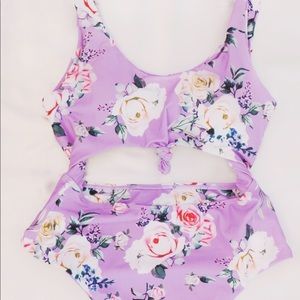 Lavender Floral Cut Out One Piece Bathing Suit